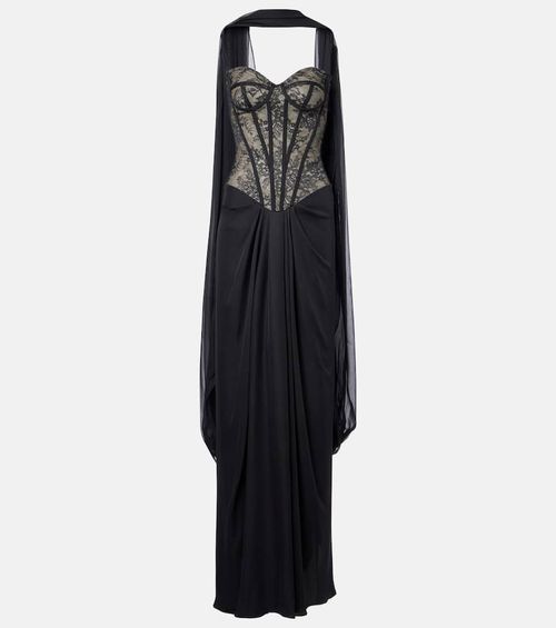 Scarf-detail draped lace gown