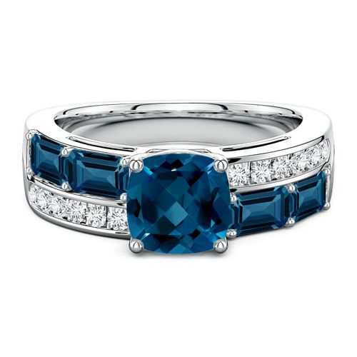 Lee Harris x Angara 3.5 CTW Cushion London Blue Topaz Modern Art Deco Inspired Double Side Stone Shank Ring in Platinum