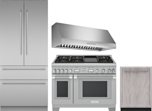 Thermador 4 Piece Kitchen Appliances Package with French Door Refrigerator, Gas Range and Dishwasher in Stainless Steel THRERARHDW45