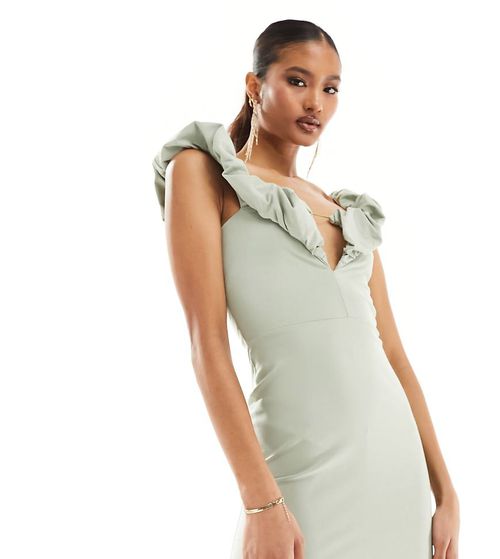Vesper exclusive ruffle bardot bodycon midi dress in olive green