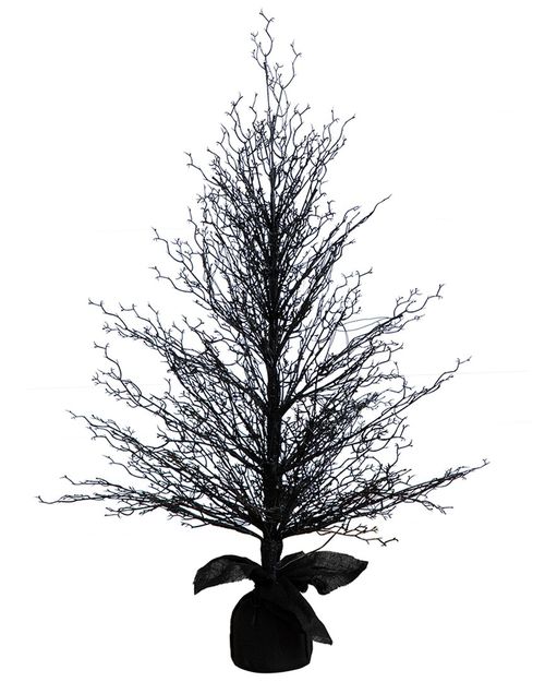 4ft Pre-Lit Halloween Black Twig Artificial Fall Tree In Burlap  Planter With 63 Warm White LED Lights