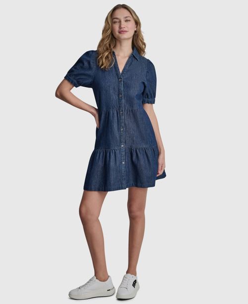Women's Tiered Puff-Sleeve Collared Denim Cotton Mini Shirt Dress - Carmine Wash