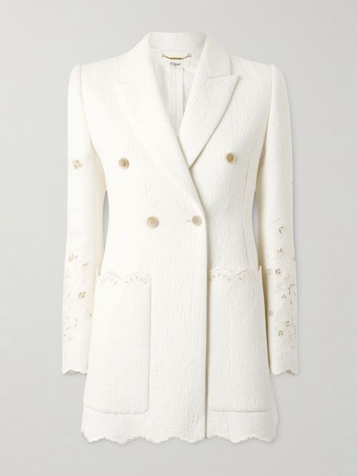 Double-breasted Broderie Anglaise Cotton-blend Cloqué Blazer - White