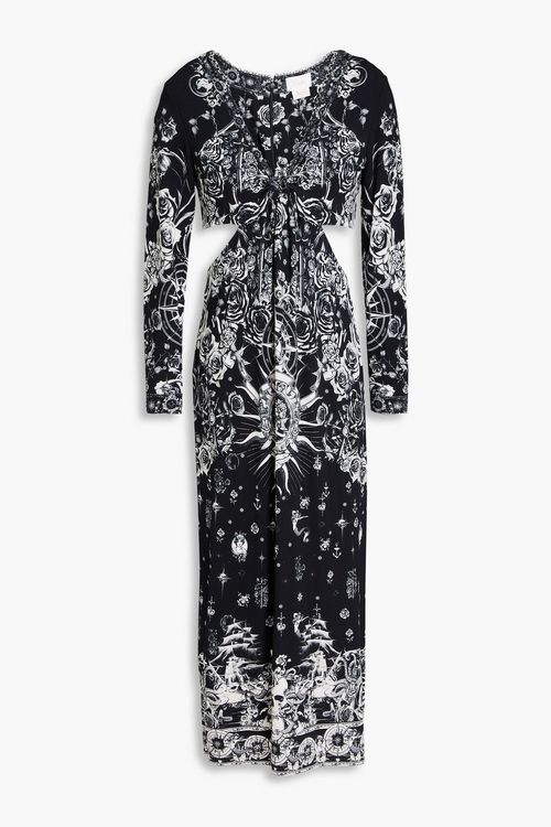 Cutout printed embellished jersey midi dress - Black - XXS