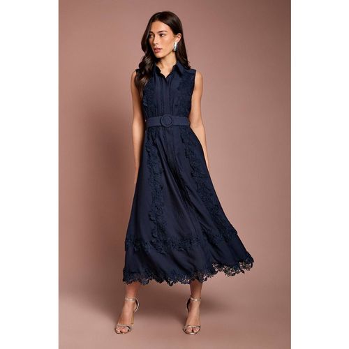 Coast Women's Lace Panelled Belted Sleeveless Midi Shirt Dress in Navy