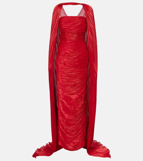Caped pleated bustier gown