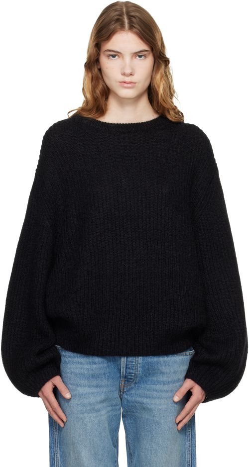 Black Mohair Blend Rib Knit Sweater