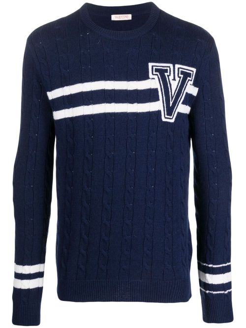 Embroidered-logo striped wool jumper - Blue
