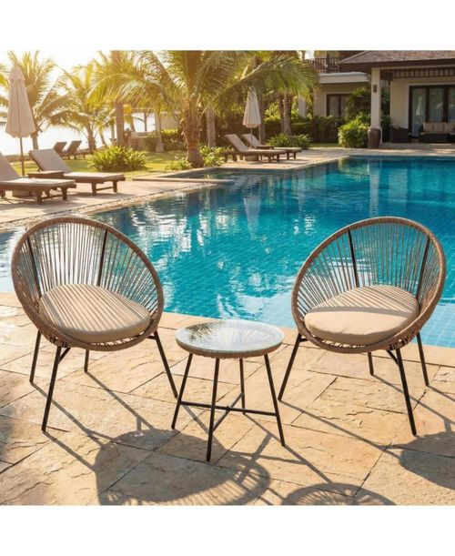 3 Piece Outdoor Bistro Set Wicker Chairs Glass Table Weather Resistant Patio Furniture for Garden Deck Backyard - Brown