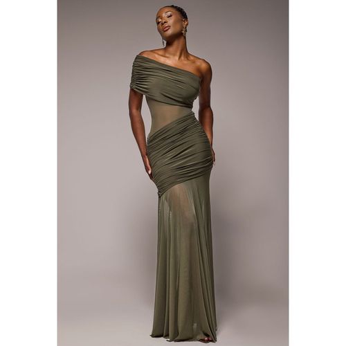 Goddiva Gathered One Shoulder Sheer Panel Maxi Dress - Khaki Green