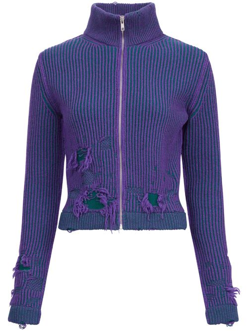 Distressed rib-knit zip-front cardigan - Purple
