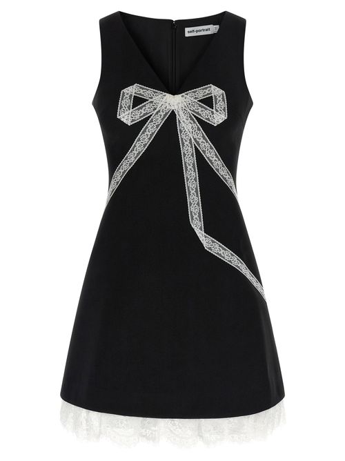 Black Crêpe Bow Lace Mini Dress