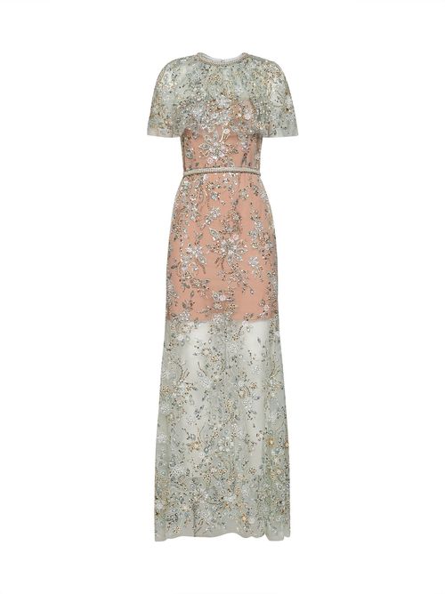 Embroidered Tulle Cape Maxi Dress — Green