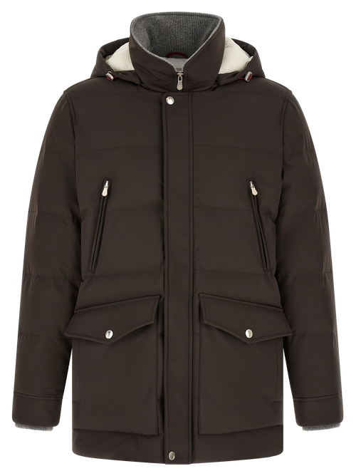 Goose Down Quilted Stretch Nylon Parka — Brown