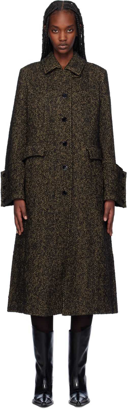 GANNI Brown Herringbone Wool Coat
