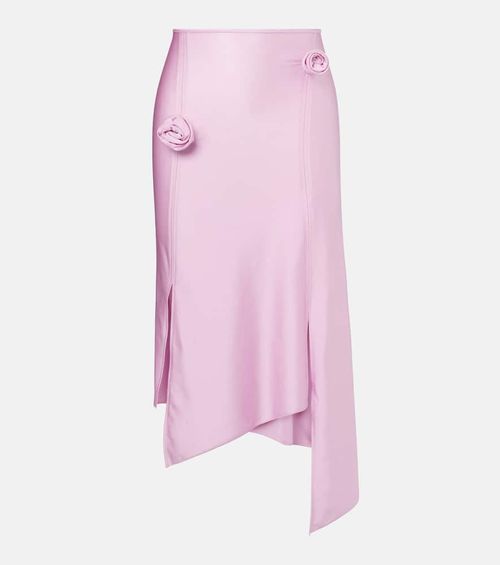 Floral-appliqué satin midi skirt