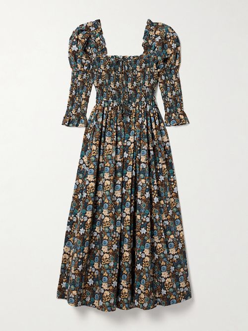 Bijou Shirred Floral-print Organic Cotton-voile Midi Dress - Brown