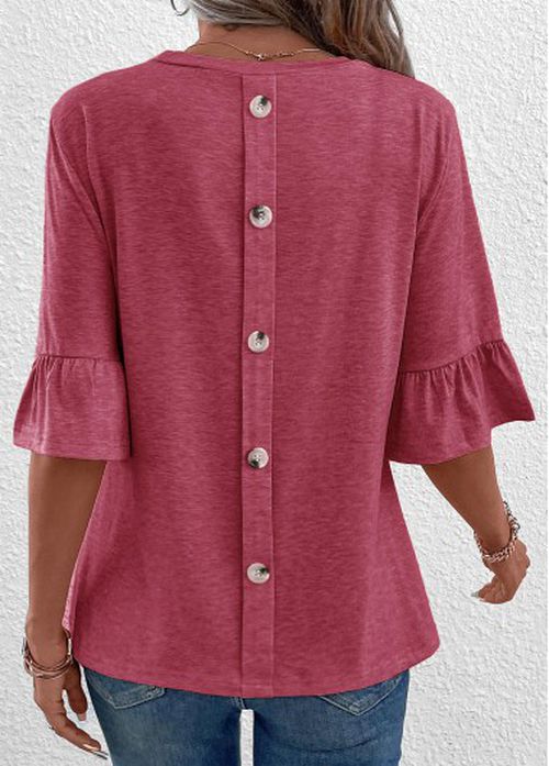 Modlily Pink Button Up Blouse Half Length Ruffled Sleeve T Shirt