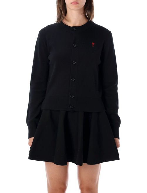 Ami of Coeur Merino Wool Cardigan with Embroidered Chest & Horn Button Detail