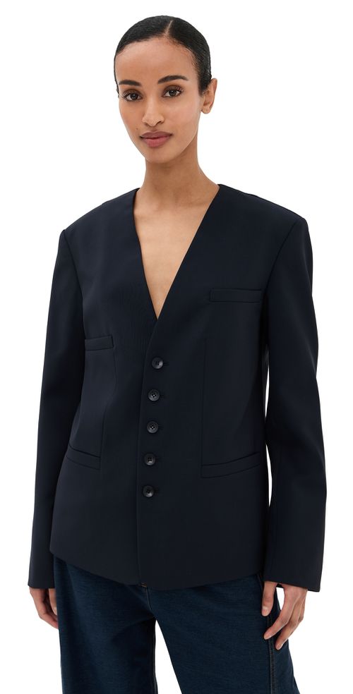 Tibi Tropical Wool Collarless Blazer Navy