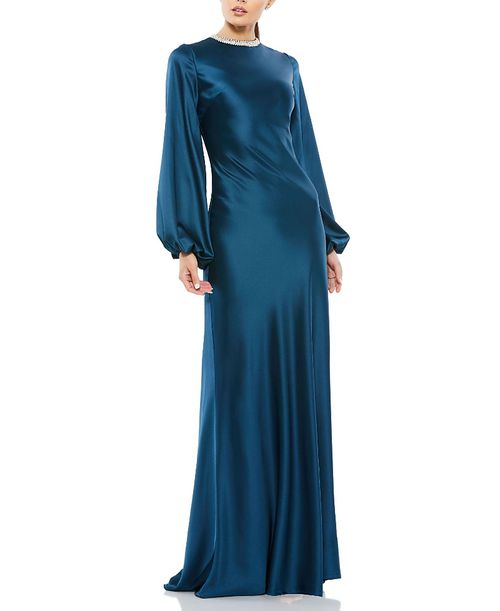 Satin Long Blouson Sleeve Evening Gown