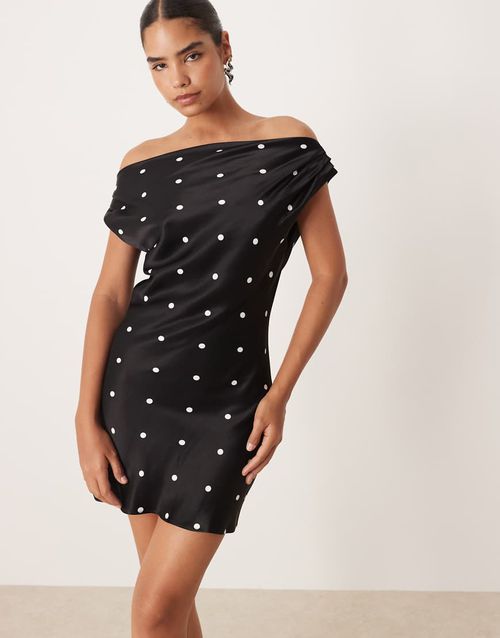 Satin drape one shoulder mini dress in polka dot-Multi
