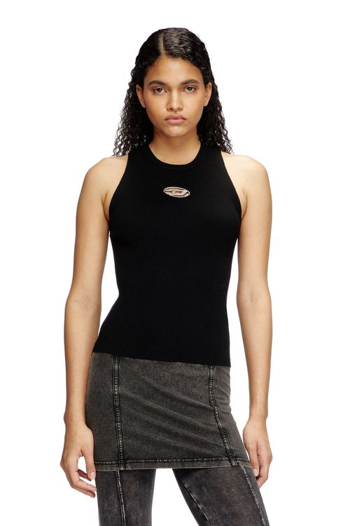 Rib-knit top with small logo plaque - Knitwear - Woman - Black