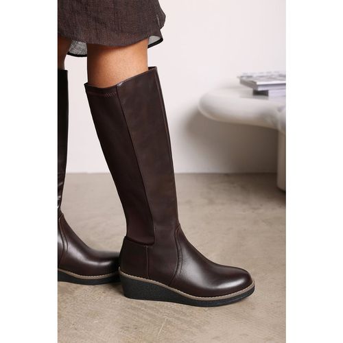 Where's That From Wheres Womens 'Livia' Wide Calf Knee High Wedge Boot With Stitch Detail - Brown - 4 Wide Fit UK Shoe