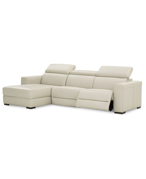 Nevio 3-pc Leather Sectional Sofa with Chaise, 1 Power Recliner and Articulating Headrests, Created for Argento Stone Ivory