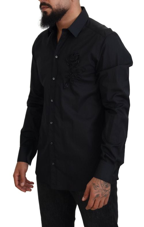 Rose Beaded Cotton Shirt — Black