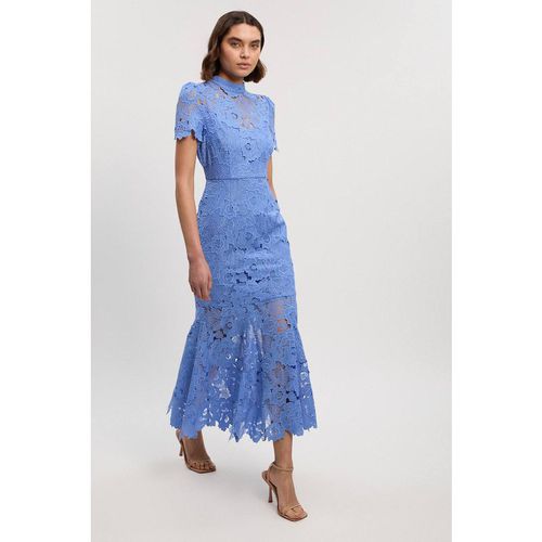 Karen Millen Women's Guipure Lace High Neck Woven Midi Dress in Pale Blue