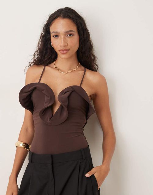 Frill detail plunge halterneck bodysuit in chocolate-Brown