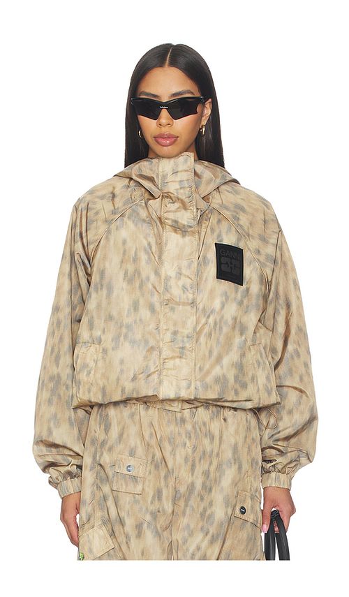 Ganni Printed Flyweight Nylon Hooded Jacket in Beige. S/M. Also in