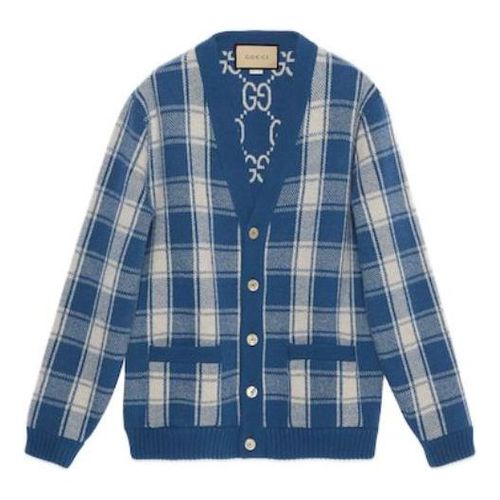 Reversible Checked Wool Cardigan 'Blue Ivory'