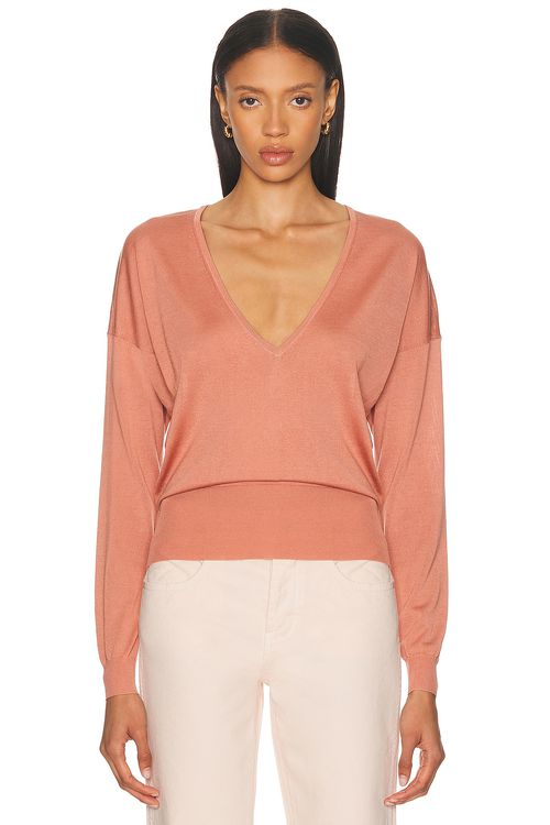 RENGGLI Silk Cashmere V-neck Sweater in Copper - Coral.  XL also in
