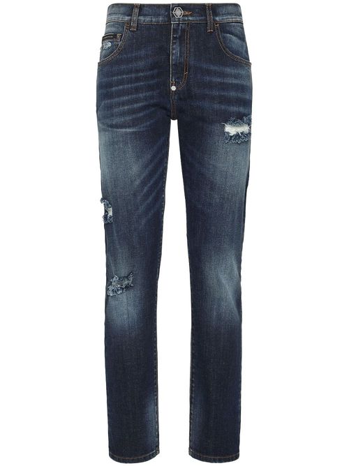 Distressed-effect denim trousers - Blue