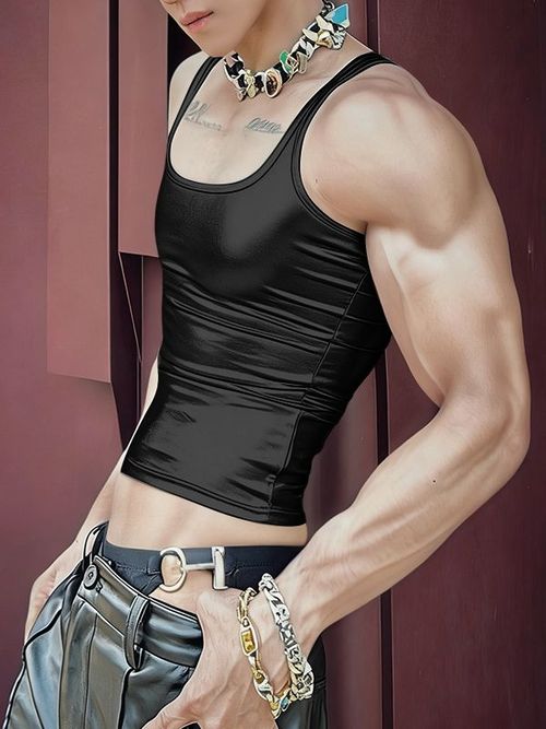 Men's Solid Color Glossy Cropped Tank SKUL50525 - Black / S