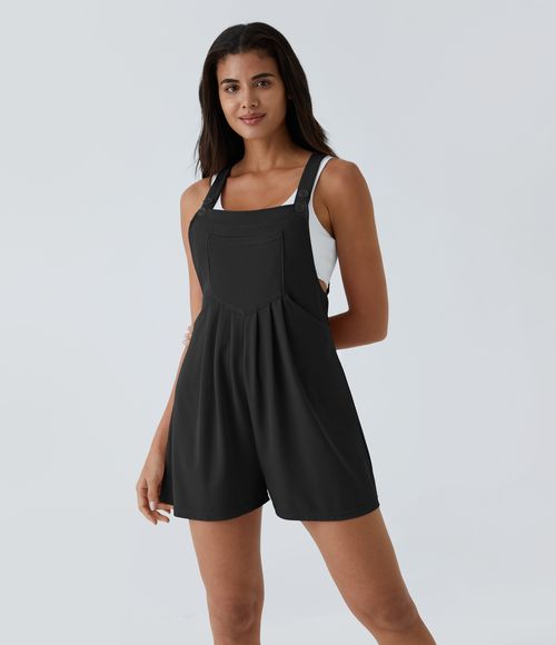 Pockets Waffle Casual Overalls  - Black
