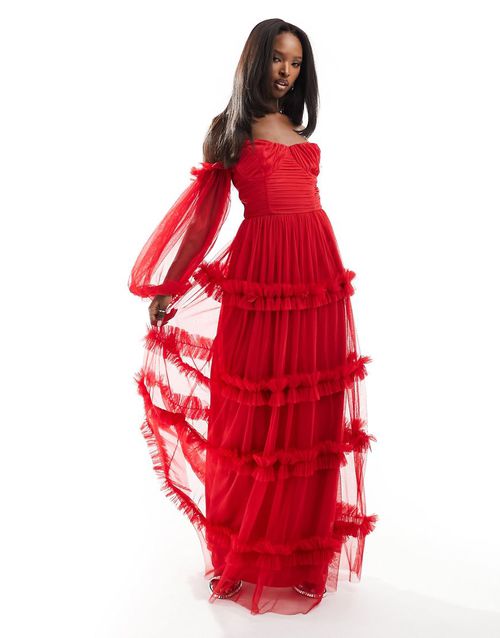 Long sleeve ruffle maxi dress in red