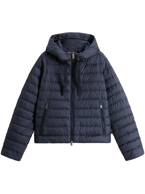 Horizontal Quilted Hooded Jacket with Two-Way Zipper and Side Pockets