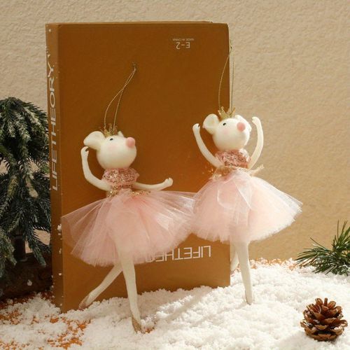 TEMU 2pcs Creative Cartoon Cute Pink Mesh Dress Rat Pendants - No Power Required Durable Polyester Christmas Tree & Home Decor, Elegant Whimsica