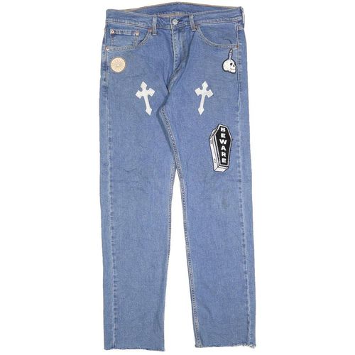 LEVI'S 505 Mens Jeans Blue Regular Straight Denim Rinse W33 L32 Unique Patche