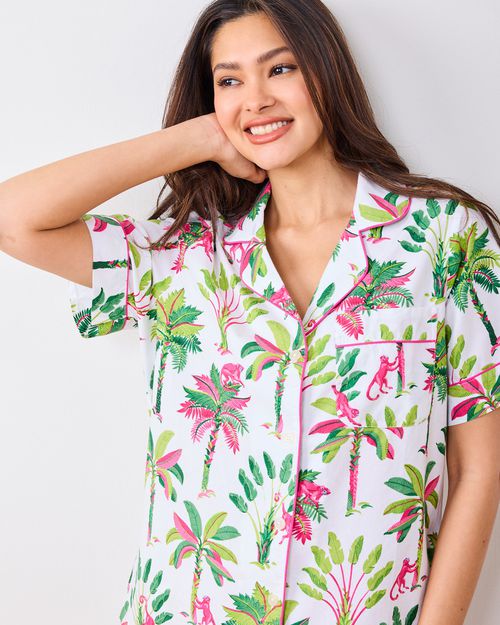 Organic Cotton Short Pajama Set in Royal Palms | Women's XXS | Pink | Sleepwear