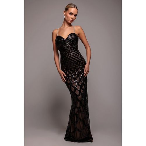 Goddiva Diamante Strap Fish Scale Sequin Maxi Dress - Black