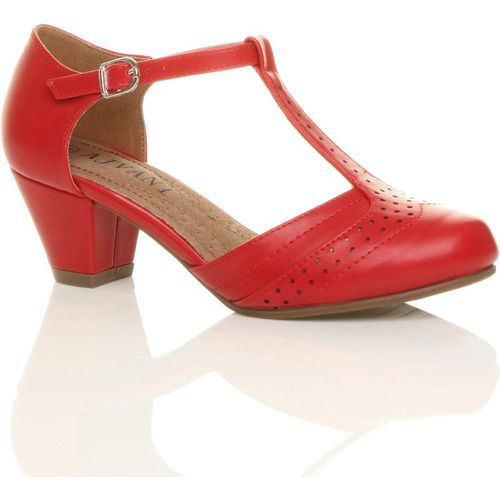 Mid Cuban Heel Comfort T-Bar Brogue Faux Leather 2 Part Heels