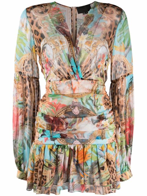 Baroque Flowers-print georgette mini dress - Neutrals