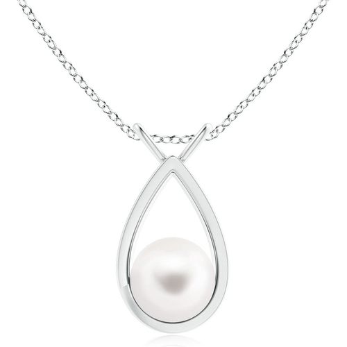 Angara Solitaire Freshwater Pearl V-Bale Drop Pendant in 10K White Gold