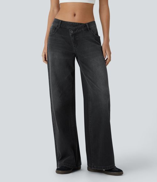 Flex™ Asymmetric Low Rise Zipper Pockets Baggy Wide Leg Washed Casual Jeans  - Deep Ink Black Denim