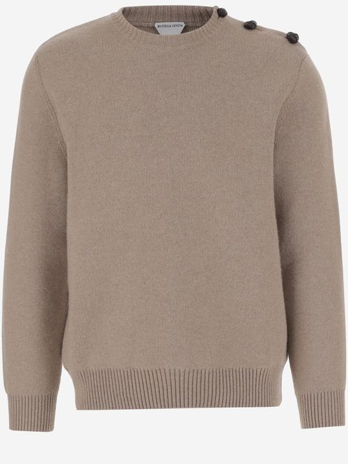 Button-Shoulder Wool Sweater — Beige