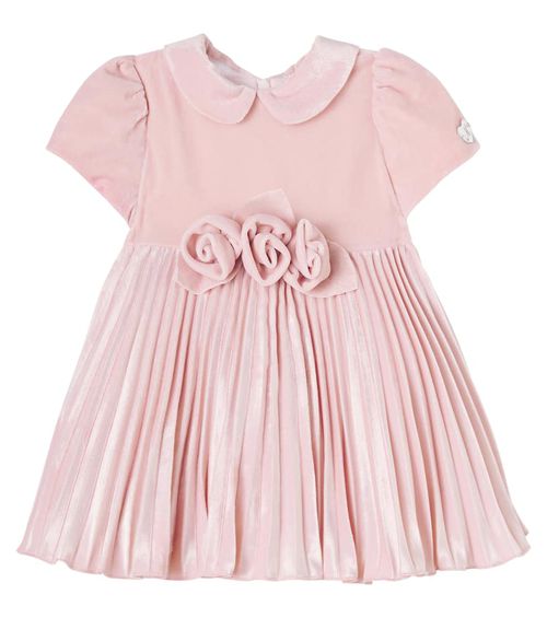 Floral-appliqué plissé velvet dress